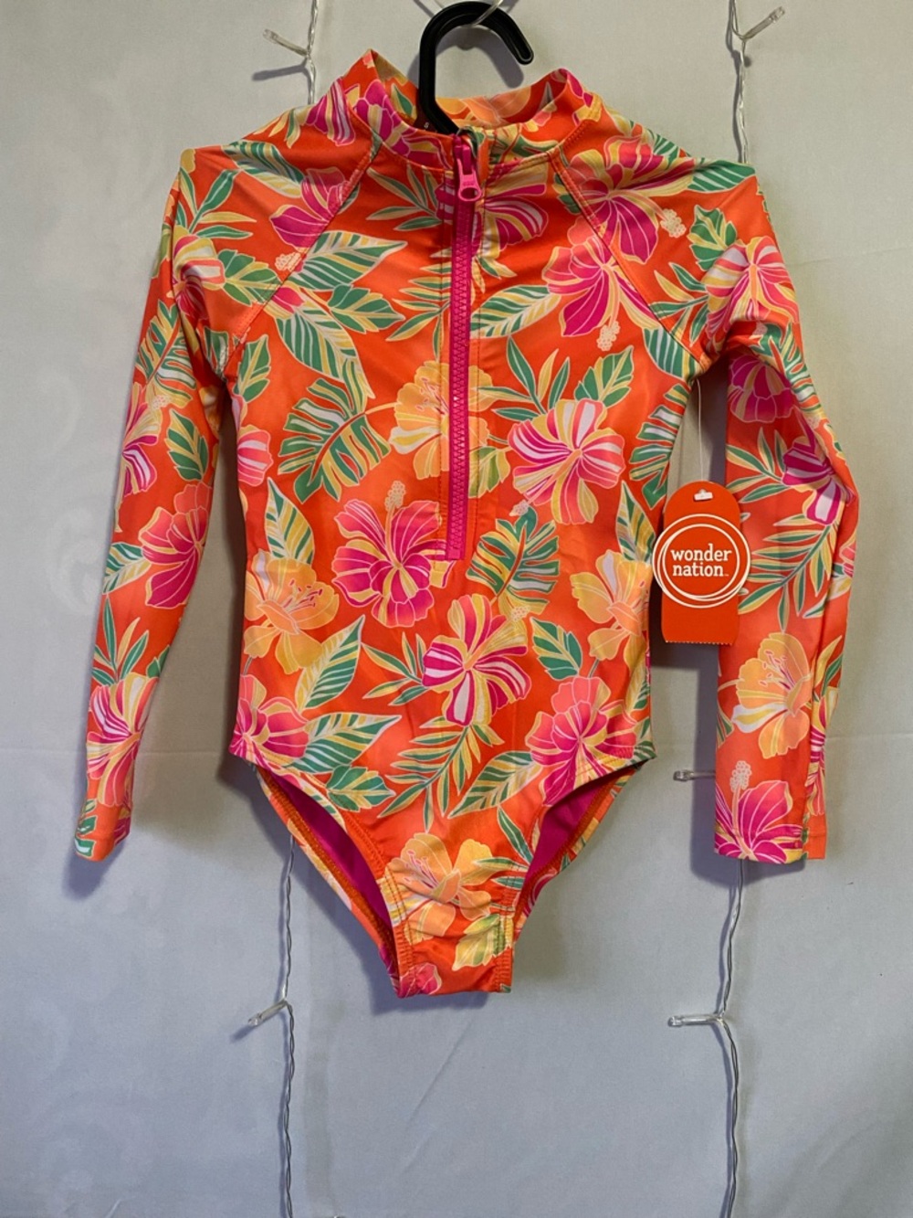 George Orange Floral Long-Sleeve Kids Rashguard Swimsuit